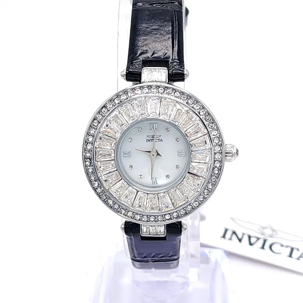 Invicta Celestial 70351 Womens Watch Silver Crystal Black Leather 30mm NEW